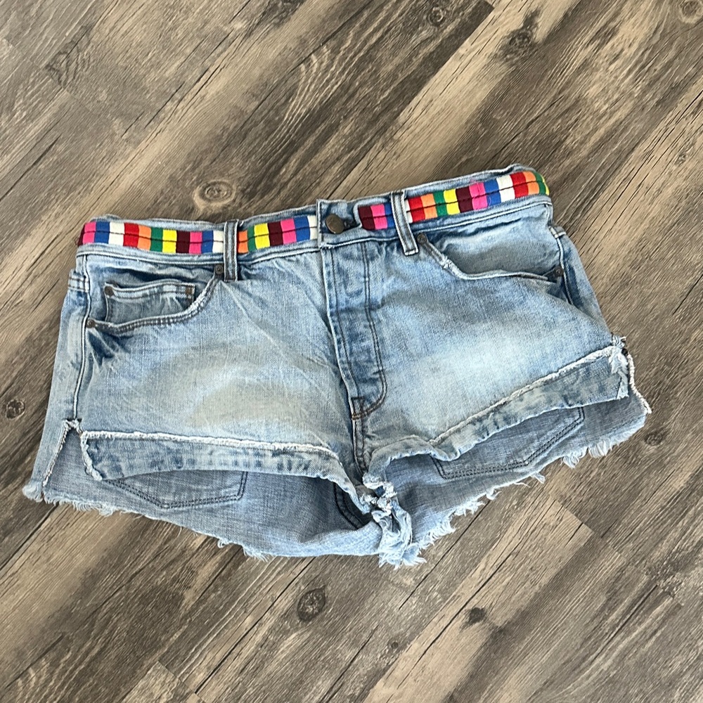 Free People Blue Jean Shorts with Multicolor Waistband. 28